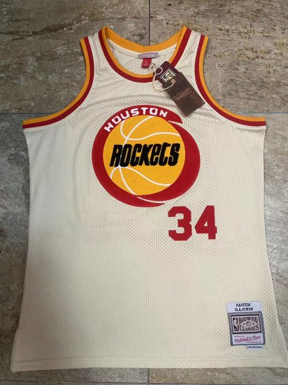 NBA 34 Hakeem Olajuwon Rockets authentique crème Chainstitch Maillot